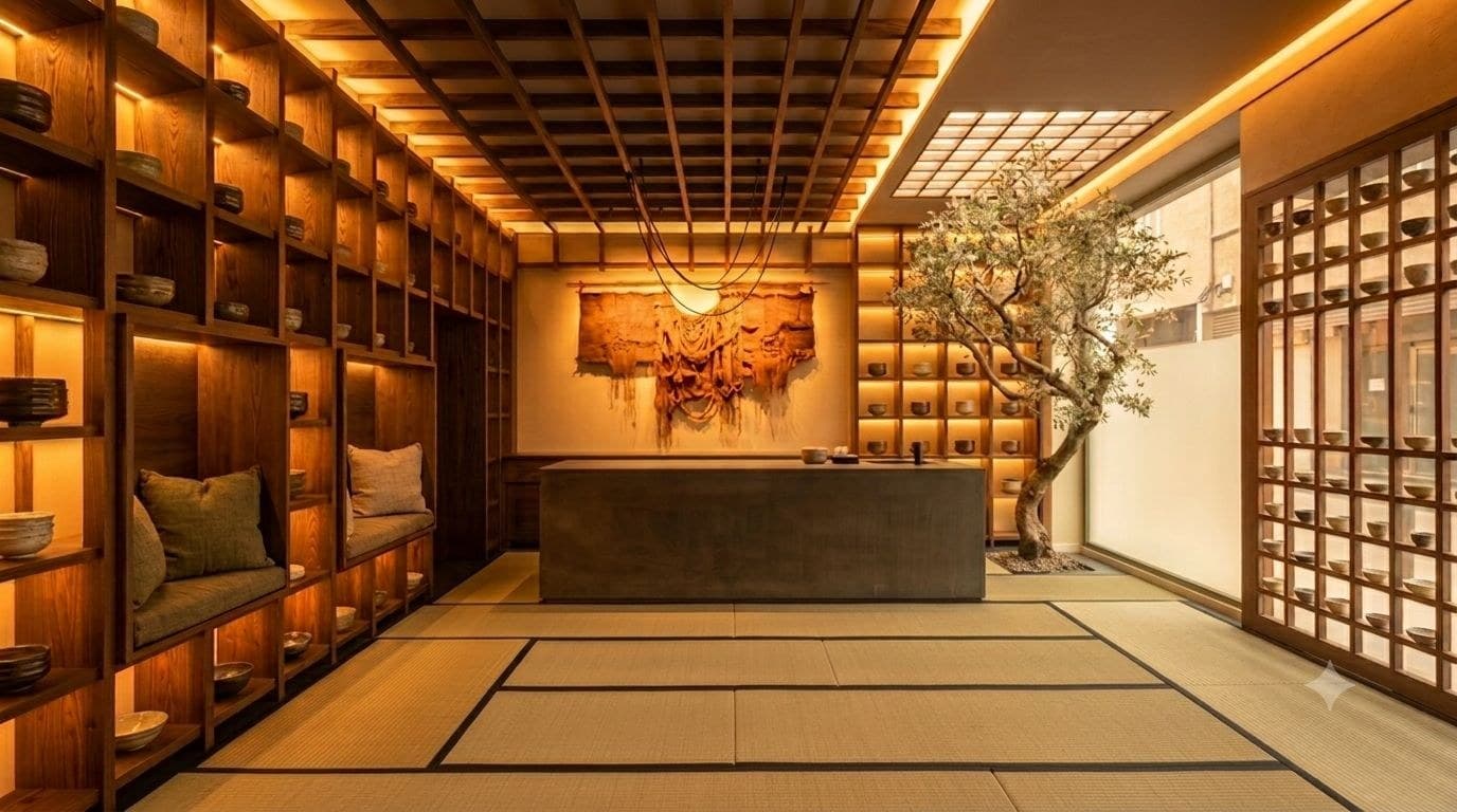 El salón: madera cálida, tatami, la barra de piedra y el árbol.